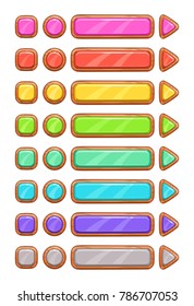 Cartoon wooden buttons set. Vector wood shapes icons, isolated game assets on white background.