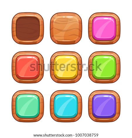 Cartoon wooden buttons set. Vector wood shapes icons, isolated game assets on white background.