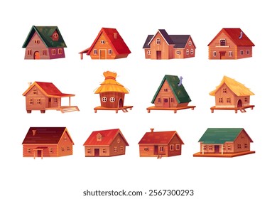 Cartoon wooden cabins. Wood log houses, mountain chalet travel hotel bungalow forest camp hut rustic village cottage family summer home shack cabin set, swanky vector illustration original artwork