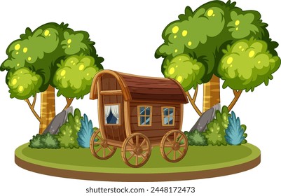 Cartoon wooden caravan among lush green trees