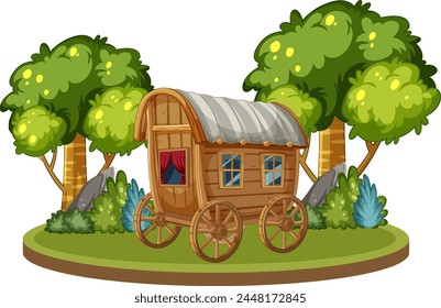 Cartoon wooden caravan among lush green trees