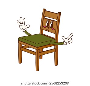 Cartoon wooden chair groovy furniture character with a playful expression and friendly smile. Isolated vector home interior item showing cheerful gestures, evokes feelings of fun and retro hippie vibe