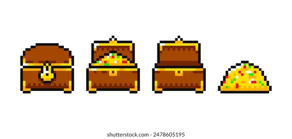 Cartoon wooden chest animation, treasure chest in pixel art style. Game pixel treasure chest. Open and closed chest full of jewels and empty.