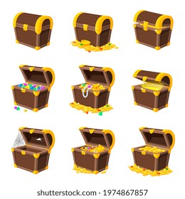 Cartoon Wooden Chest. Coin Box, Gold Coins Stacked. Game Trunk Safe Golden Treasure. Isolated Open Chests Animation, Pirate Money Recent Vector Set