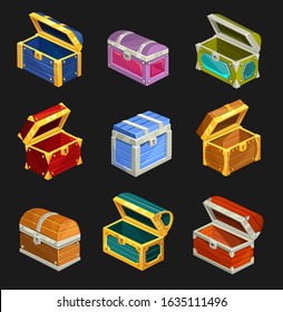 Cartoon wooden chests set isolated on dark background vector illustration. Red blue and green treasure boxes. Collection of boxes with golden and white stripes flat style