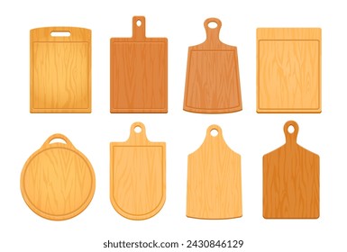 Cartoon wooden chopping boards or kitchen cutting plates of wood, vector set. Food chopping boards, circle for pizza, round and square chopping plates for table or cooking with holes in handles svg