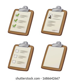 Cartoon wooden clipboard with paper. Check list, to do plan, work resume, project management and empty sheet vector illustration.