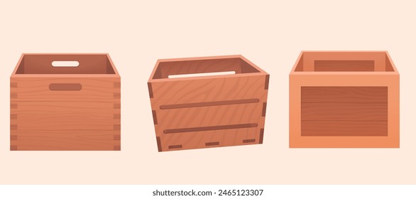 Cartoon wooden containers. Delivery containers, empty wood boxes and parcels, packed shipping crates. Boxes with packages, wooden crates with cargo, warehouse storage packaging concept.