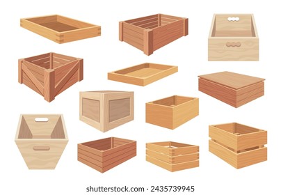 Cartoon wooden containers. Open and closed boxes with packages, wooden crates with cargo, warehouse storage packaging concept. Vector set of crate box wooden, wood container illustration