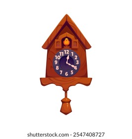 Cartoon wooden cuckoo clock with a bird emerging at the top, featuring classic clock face and pendulum. Isolated vector vintage traditional wall clocks captures nostalgic essence of Christmas holiday