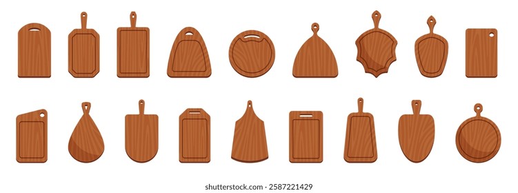 Cartoon wooden cutting boards. Different shapes eco chopping plates, kitchen accessories for slicing food, textured desks, empty natural kitchenware nowaday vector isolated set