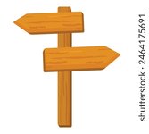 Cartoon wooden directional signpost with blank wood board and arrows for navigation and pathfinding illustration