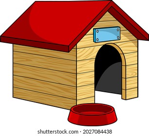 Cartoon Wooden Dog House With Bowl. Vector Hand Drawn Illustration Isolated On Transparent Background