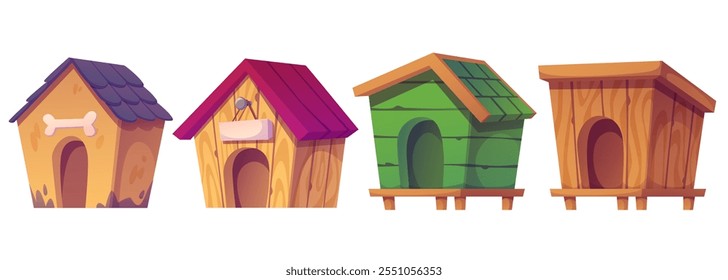 Perreras de madera de dibujos animados de diferentes diseños y techos. Estructuras de madera con entradas arqueadas y Elementos decorativos para un cómodo refugio para mascotas. Lindos refugios para compañeros caninos.