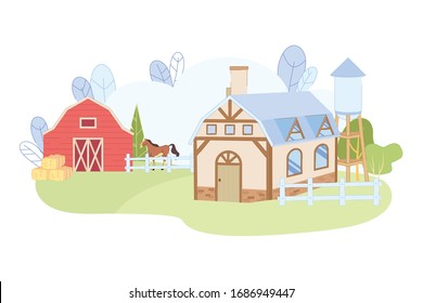 Cartoon Wooden Farmhouse in Flat style. Farm with Red Barn House, Horse, Fence Vector Illustration. Cottage Living. Rural Countryside Landscape. Natural Organic Eco Product Farming