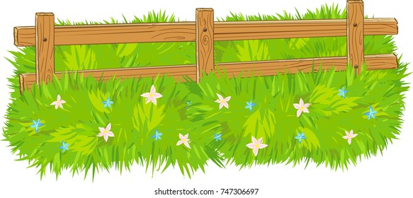 Cartoon wooden fence and grass with flowers. Isolated, white background