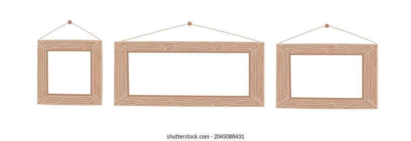Marco de madera de dibujos animados. Varias plantillas de marcos de fotos de tamaño. Ilustración vectorial aislada a mano.