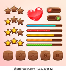 Cartoon wooden game assets, kit for game ui development, vector gui elements in wooden frame. Set of different elements for game: progress bar, slider, stars, levels, pause.