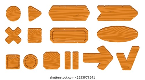 Cartoon wooden game buttons. Text underlays different shapes, blank panels for menu interfaces, tree textured navigation pointers and boards, ui dashboard, empty frames. Nowaday vector set