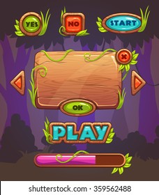 Cartoon wooden game user interface, vector assets for mobile gui design on forest background