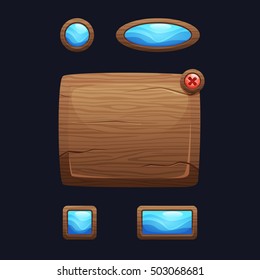 Cartoon wooden game user interface, vector assets for mobile gui design isolated on dark background. Glossy blue buttons in wooden frame.