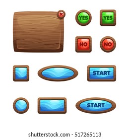 Cartoon wooden game user interface, vector asset for mobile gui design isolated on white background. Glossy blue, green and red buttons and wooden board in wooden frame. Yes, no and start buttons.