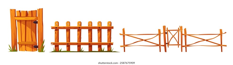 Cartoon wooden gate and fence set of brown barriers. Rural rustic entrance with planks, garden partition with grass, wood railing with crossed rope. Farm construction element for game landscape design