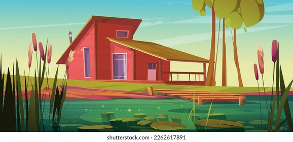 Cartoon wooden house near swamp with cattails. Vector illustration of natural landscape with green grass and trees, countryside cottage building in meadow, sunlight sparkling on water lake surface