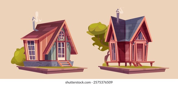 Cartoon wooden hut design - cozy forest houses on platforms with pitched roofs, stone and stilt foundation, green bushes and trees. Suburban cottage game assets for adventure or building simulator.