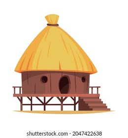 Cartoon wooden hut with straw roof on white background vector illustration