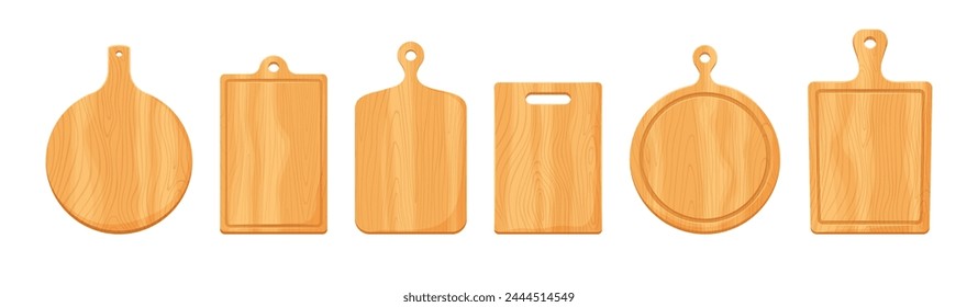 Cartoon wooden kitchen chopping boards, vector food cooking tools. Isolated round and paddle shape cutting or chopping boards set with brown wood texture. Restaurant and household kitchen utensils