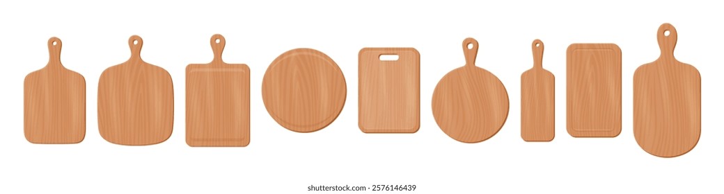 Cartoon Wooden Kitchen Cutting Boards Vector Set. Cutting Boards With Handles, Different Shapes. Wooden Chopping Boards, Kitchen Utensils. Cutting Board Tools, Wooden Cooking Boards Illustration