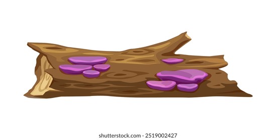 Cartoon Holzstamm mit violetten Pilzen wächst darauf. Isolierte Vektor Dschungel, Landschaft, prähistorische Dinosaurier-Ära Umwelt Spiel Asset, natürliche Waldelement, umgestürzten Baumstamm mit lebendigen Pilzen