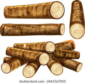 Cartoon wooden logs arranged in a pile and separately.