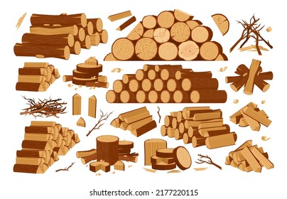 Cartoon wooden logs, firewood piles and stacked bonfire firewoods. Wood industry materials, lumber branch and twigs vector symbols illustration set. Wooden bonfire logs
