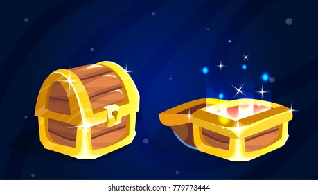 Cartoon Wooden  Magic chest illustration. Open and Closed Chest. Game art. Vector illustration