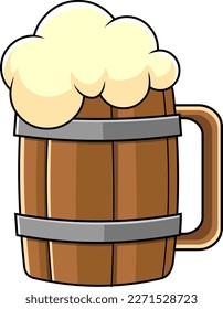Cartoon Wooden Mug Of Beer. Vector Hand Drawn Illustration Isolated On Transparent Background