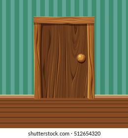 Cartoon Wooden Old Door, Home Interior In Vector