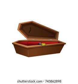 Cartoon wooden open coffin. Hand reaches out of the casket.