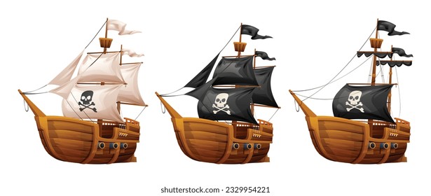 Cartoon wooden pirate ship illustration set isolated on white background