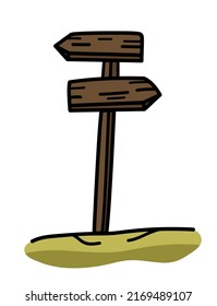 Cartoon wooden pointer. Hiking vector pointer, arrow. Isolated sticker for camping.