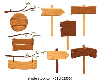 Cartoon wooden pointers. Desert boarding, wood desk for information. Billboards rural style, village street directions boards, neat vector set