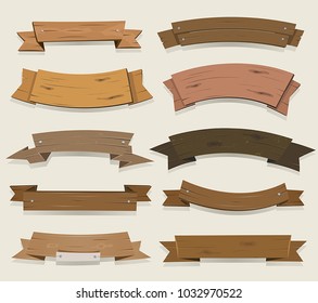 Cartoon Wooden Ribbons And Banners/
Vector illustration of a set of cartoon wood award ribbon and texas ranch banners, for agriculture and farmer seal and certificates