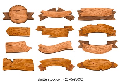 Cartoon wooden ribbons. Wood board sign, game signboard, old banner plank, hardwood texture panel, brown timber, western frame, design element tidy vector illustration. Sign wood cartoon, board brown