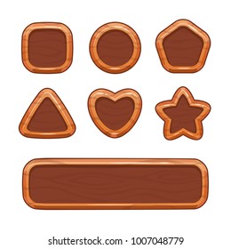 Cartoon wooden shapes set. Vector icons, isolated game assets on white background.