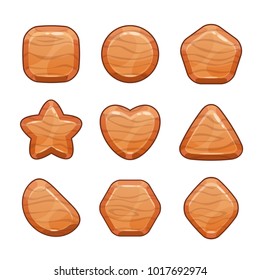 Cartoon wooden shapes set. Vector icons, isolated game assets on white background.