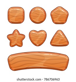 Cartoon wooden shapes set. Vector icons, isolated game assets on white background.
