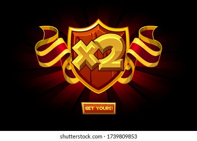 Cartoon wooden shield and number bonus vector illustration. Shield reward with a red ribbon