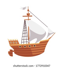 Cartoon wooden ship for sea travel with white sails and flag. Vintage corsair type boat isolated on white background - antique water transport vector illustration.