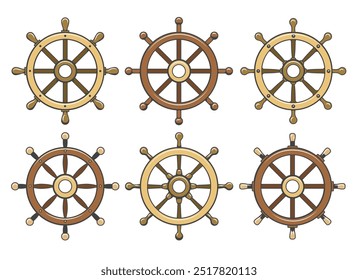 Cartoon wooden ship wheel set. Simple retro boat rudders isolated vector illustration